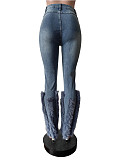 Women Middle Waist Pearl Vintage Feathered Long Jeans MEM-88600