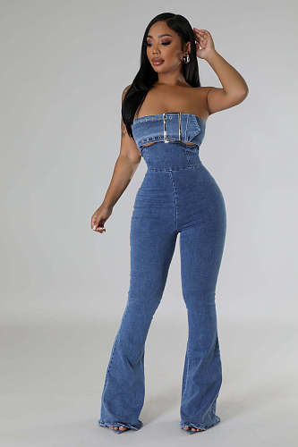Sexy Strapless Backless Women Bodycon Denim Jumpsuit Blue LX-6029