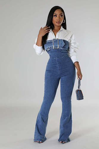 Sexy Strapless Backless Women Bodycon Denim Jumpsuit Blue LX-6029