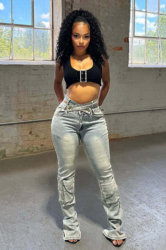 Casual Women Zipper High-stretch Middle Waist Long Jeans LX-6031