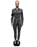 Leisure Women Lace-up Pockets Slim Zipper Denim Jumpsuit MEM-88601
