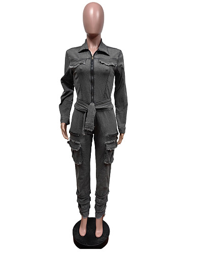 Leisure Women Lace-up Pockets Slim Zipper Denim Jumpsuit MEM-88601
