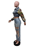 Women Printed Lapel Collar Long Sleeves Slim Denim Coat Top MEM-88603