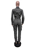 Leisure Women Lace-up Pockets Slim Zipper Denim Jumpsuit MEM-88601