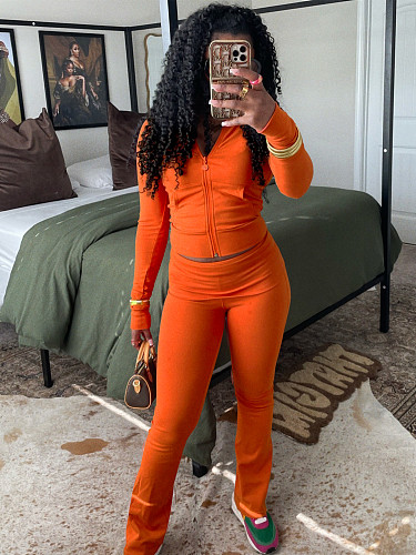 Women Zipper Low-waist Fleece Sporty Two-pieces Suit CH-24066