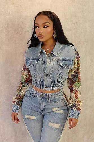 Women Printed Lapel Collar Long Sleeves Slim Denim Coat Top MEM-88603