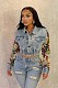 Women Printed Lapel Collar Long Sleeves Slim Denim Coat Top MEM-88603