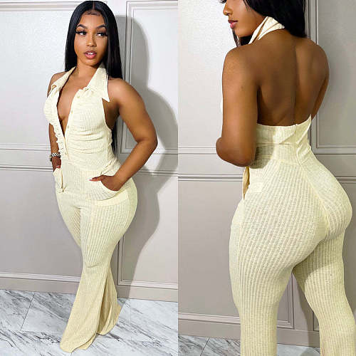 Sexy Backless Halter Lapel Collar Women Solid Color Jumpsuit MOF-6689