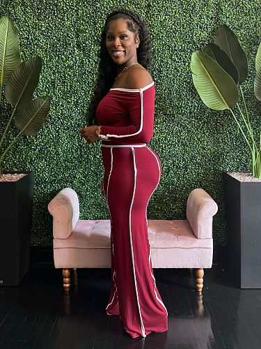 Sexy Off Shoulder Stripe Women Slim Pants Sets 2 Pieces SFY-591