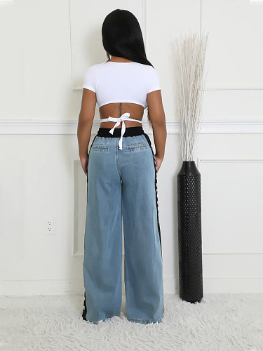 Stylish Women's Side Letter Color Splicing Wide-leg Jeans SFY-597
