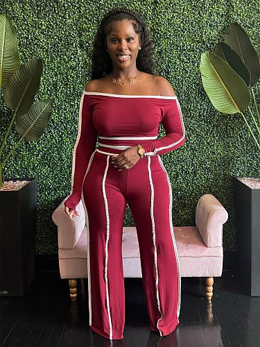 Sexy Off Shoulder Stripe Women Slim Pants Sets 2 Pieces SFY-591