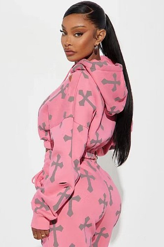 Women Loose Hoodie And Long Pants Pink Fashion Sets RS-5041