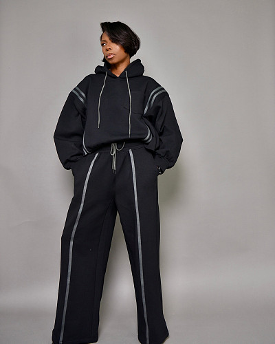 Black Casual Women Loose Hoodies And Long Straight Pants 2 Pieces Sets BGN-356