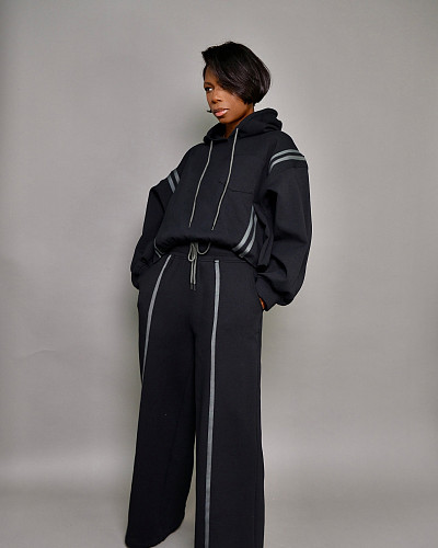 Black Casual Women Loose Hoodies And Long Straight Pants 2 Pieces Sets BGN-356