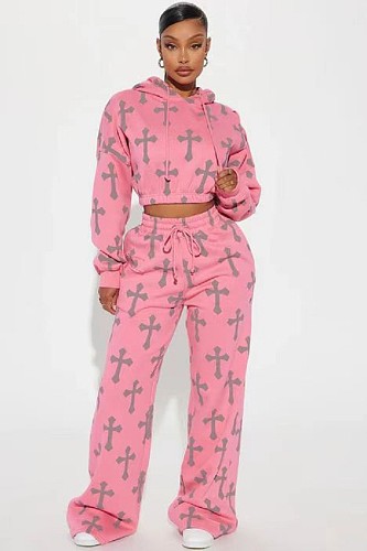 Women Loose Hoodie And Long Pants Pink Fashion Sets RS-5041