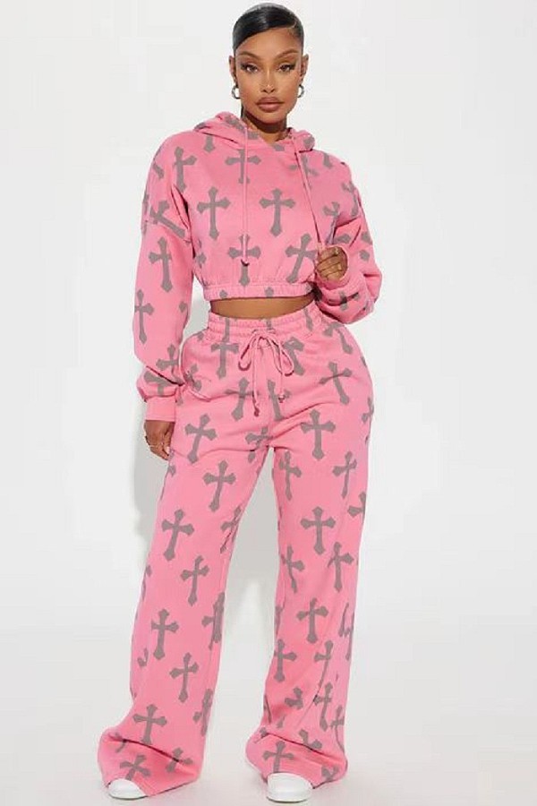 Women Loose Hoodie And Long Pants Pink Fashion Sets RS-5041