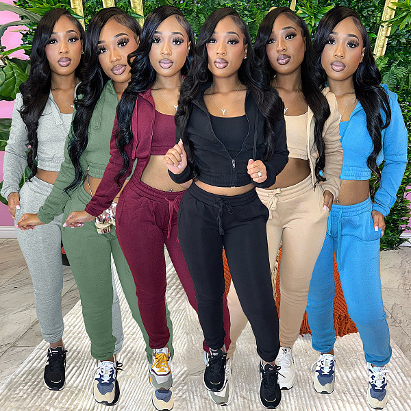Leisure Crop Top Hoodies Sport Bra Elasticated Trouser Three Pieces Set RS-23019