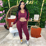 Leisure Crop Top Hoodies Sport Bra Elasticated Trouser Three Pieces Set RS-23019