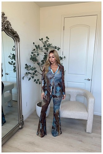 Sexy Printed Mesh Button Tops And Flared Long Pants Women Sets NTY-7509