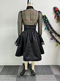 Lady Patchwork Mesh Shirt And Hem Long Skirts Solid Color Two-pieces Sets ​NY-10918