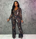 Sexy Printed Mesh Button Tops And Flared Long Pants Women Sets NTY-7509
