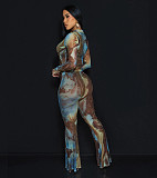 Sexy Printed Mesh Button Tops And Flared Long Pants Women Sets NTY-7509