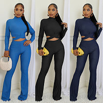 Women Solid Color Hollow Out Zipper Tops And Long Pants Casual 2 Pieces Sets NTY-7508