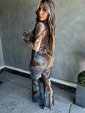 Sexy Printed Mesh Button Tops And Flared Long Pants Women Sets NTY-7509