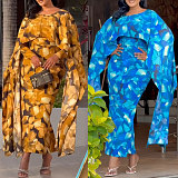 Stylish Ladies Printed Round Collar Flying Sleeve Split Maxi Dress NY-10916