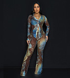Sexy Printed Mesh Button Tops And Flared Long Pants Women Sets NTY-7509