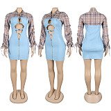 Fashion Women Lapel Collar Splicing Hollow Out Denim Mini Dress NTY-7484