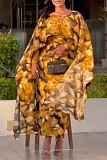 Stylish Ladies Printed Round Collar Flying Sleeve Split Maxi Dress NY-10916