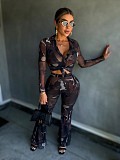 Sexy Printed Mesh Button Tops And Flared Long Pants Women Sets NTY-7509