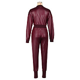 Women Solid Color PU Leather Zipper Sexy Slim Two Pieces Sets AIL-291