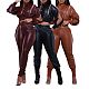 Women Solid Color PU Leather Zipper Sexy Slim Two Pieces Sets AIL-291
