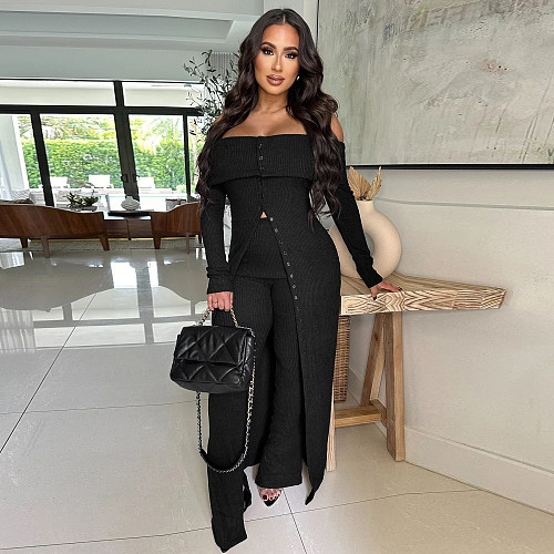 Sexy Off Shoulder Long Tops And Bodycon Pants Solid Color Women Sets YF-10812