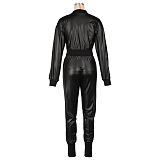 Women Solid Color PU Leather Zipper Sexy Slim Two Pieces Sets AIL-291