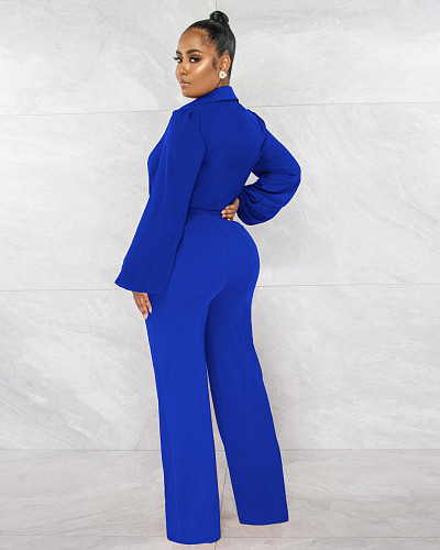 Elegant Solid Long Sleeve Deep V Straight Jumpsuits AIL-224