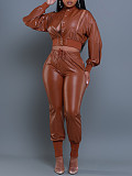 Women Solid Color PU Leather Zipper Sexy Slim Two Pieces Sets AIL-291