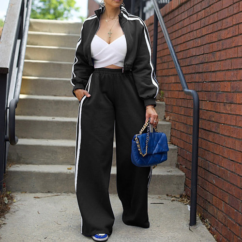Sporty 2 Pieces Sets Women Stripe Zipper Jackets And Loose Long Pants AIL-292