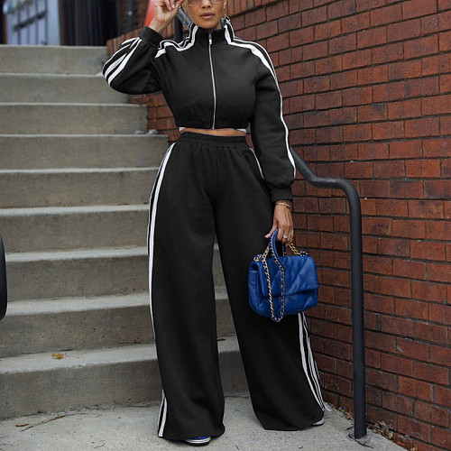 Sporty 2 Pieces Sets Women Stripe Zipper Jackets And Loose Long Pants AIL-292