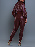 Women Solid Color PU Leather Zipper Sexy Slim Two Pieces Sets AIL-291