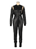 Women Solid Color PU Leather Zipper Sexy Slim Two Pieces Sets AIL-291