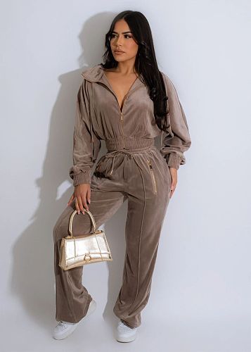 Fall Winter Women Velvet Zipper Jackets And Long Pants 2 Pieces Sets RC-3303