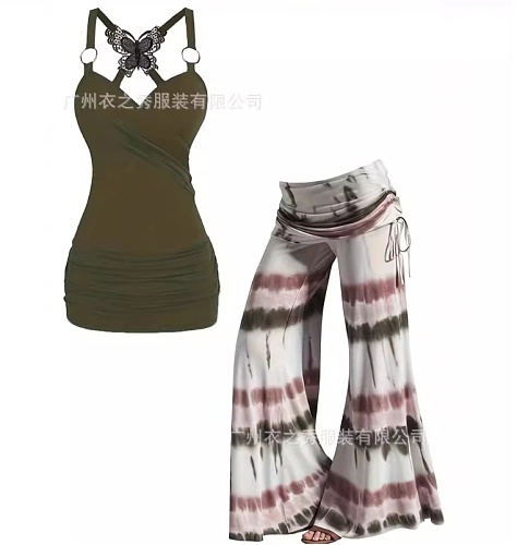 Women Straps Tops And Flared Long Pants Plus Size 2 Pieces Sets RS-1105