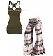 Women Straps Tops And Flared Long Pants Plus Size 2 Pieces Sets RS-1105