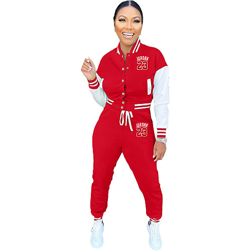 Stylish Women Patchwork Color Baseball Uniform Two-Piece Sets XMY-9504