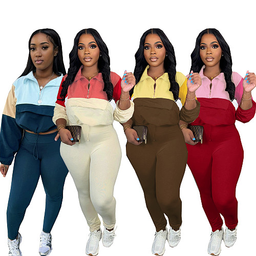 Fashion Women Zipper Matching Color Hoodie Tights Sport Two-piece Set SFY-539
