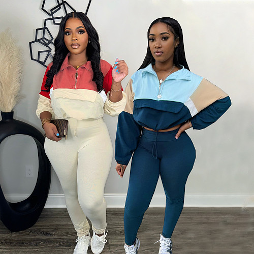 Fashion Women Zipper Matching Color Hoodie Tights Sport Two-piece Set SFY-539