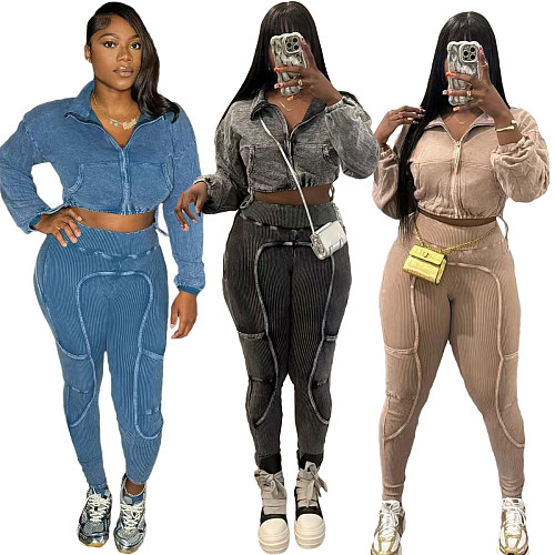 Women Long Sleeves Zipper Patchwork Casual Two-pieces Suit NIYA-8185